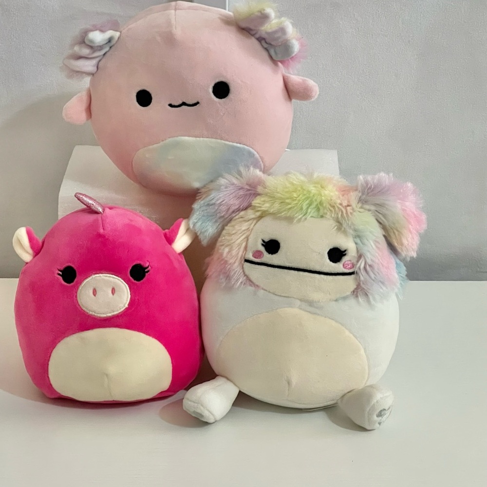 Lot of 3 Squishmallows Zaylee Bigfoot,  Zoe Unicorn and Archie the Axolotl Plush
